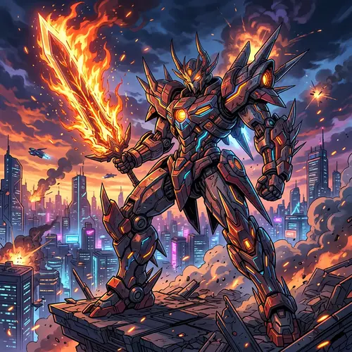 Abstract Giant Robot with Flaming Sword - Anime-Inspired Artwork