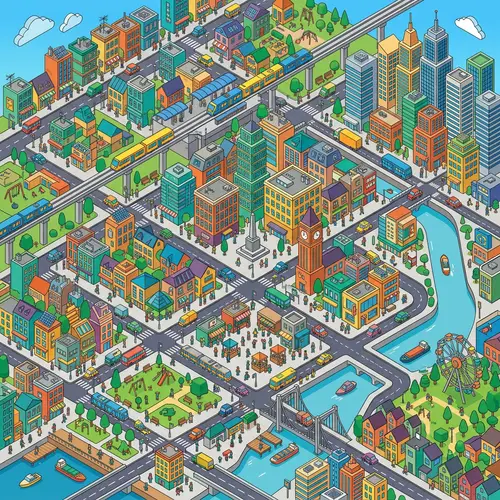 Vibrant Isometric Cityscape and Farm Design