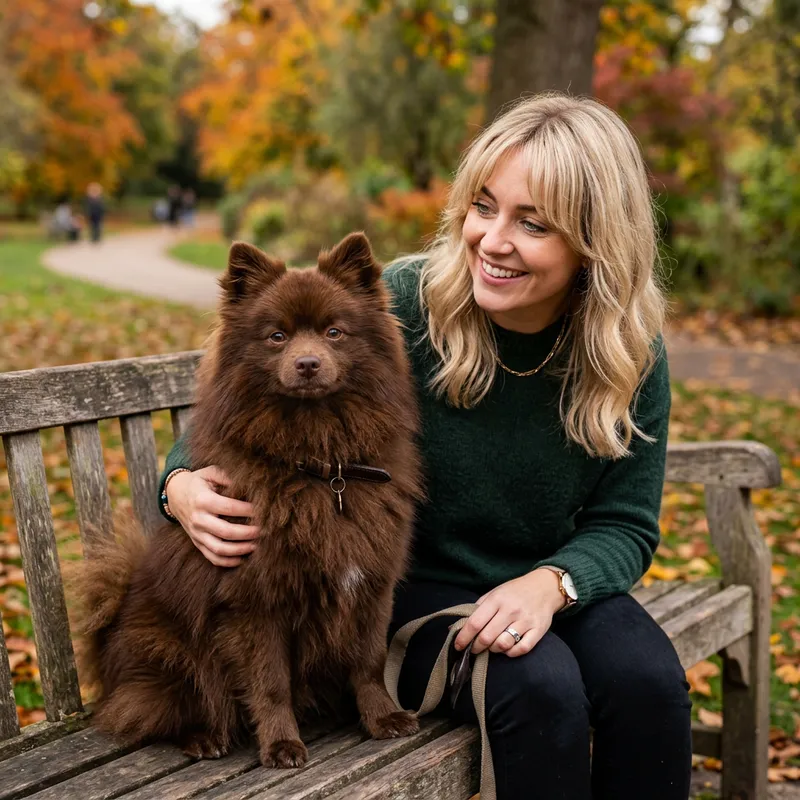 Chocolate German Spitz Dog with Blonde Woman