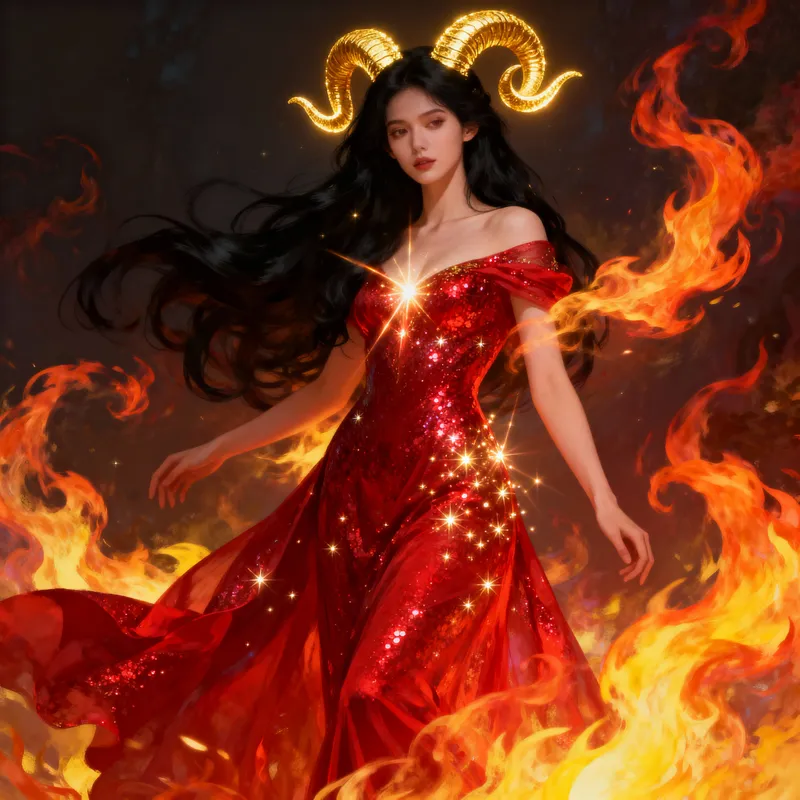 Stunning Aries Woman in Fiery Red Gown