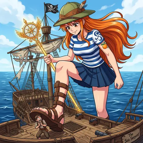 Anime Style Female Explorer with Orange Hair on Pirate Ship