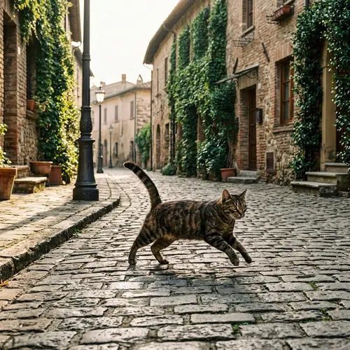 Brindle-Coated Feline Crossing Urban Road | Muscular Cat in Action
