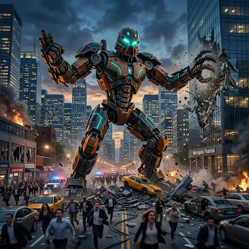 Robotic Figure Causing Havoc in Busy City | Bionicle-like Robot