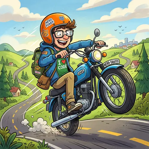 Nerd on Motorbike with Front Wheel Up Cartoon