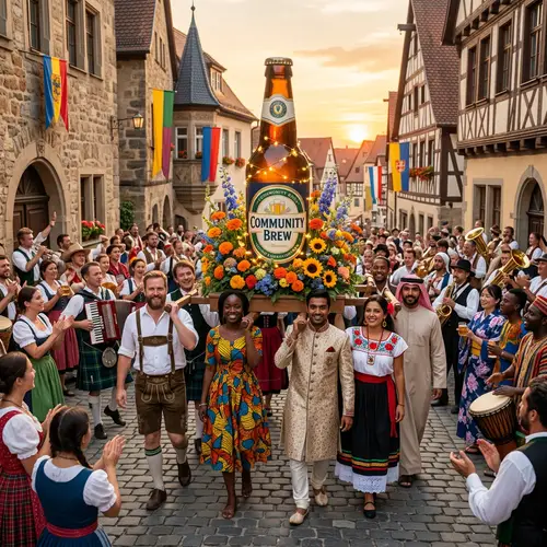Diverse Beer Bottle Procession with Cultural Celebrations