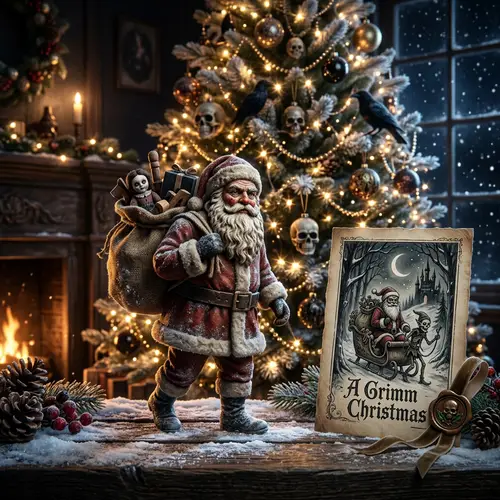 Hyper-Realistic Santa Claus Figurine and Christmas Tree Scene