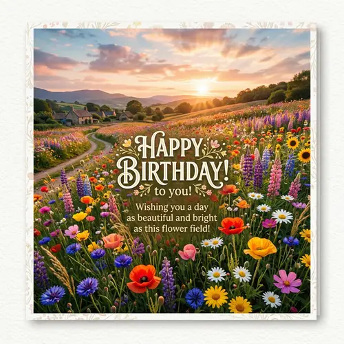 Vibrant Flower Field Birthday Card Design