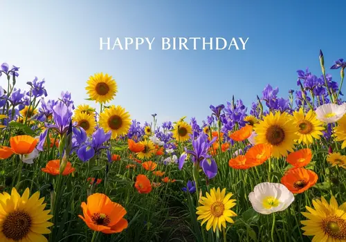 Vibrant Flower Field Birthday Card Design