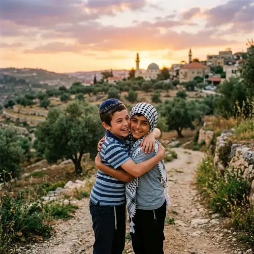 Jewish and Palestinian Boys Embracing in Symbol of Peace