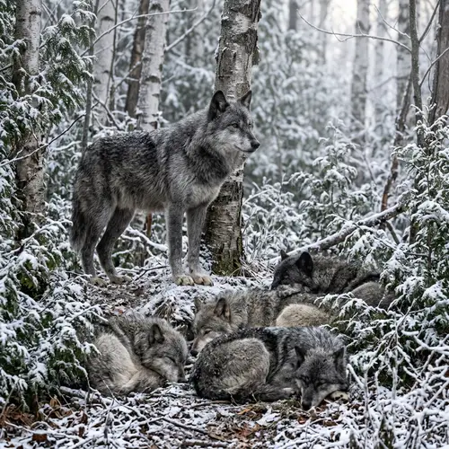 Stunning Wolves Resting in Autumn Snow