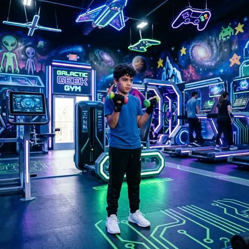Hispanic Boy in Space-Inspired Gym with Gaming Vibe
