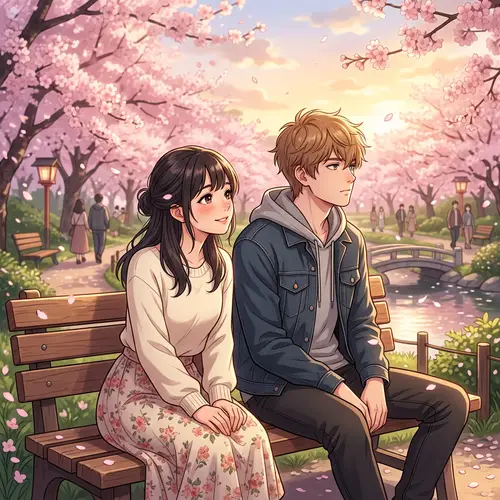 Anime-style Scene Young Woman in Love at Peaceful Park