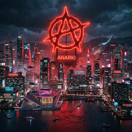 Cyberpunk Oslo Skyline with Neon Anarchy Sign