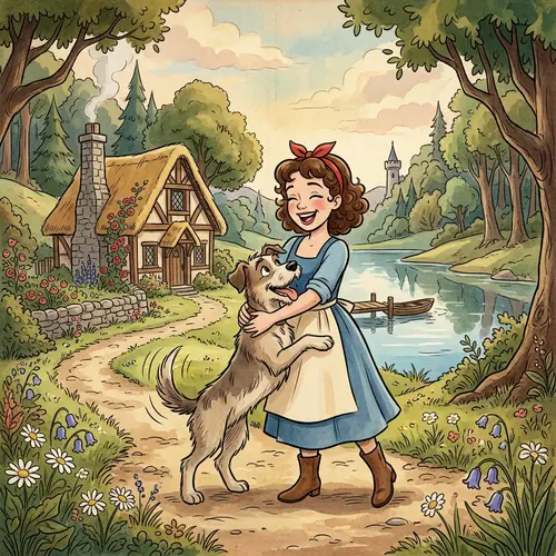 Charming Animated Scene: Person with Dog in Fairytale Setting