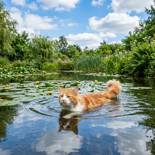 Fluffy Orange and White Cat Swimming in Pond