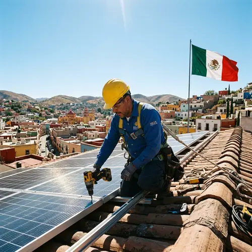 Hispanic Man Installing Solar Panels on House Rooftop in Mexico