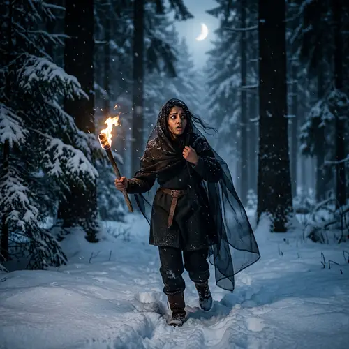 Intense Fantasy Scene in Winter Forest at Night