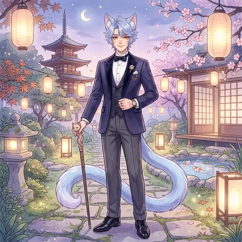 Enchanting Male Yokai Character in Formal Tuxedo