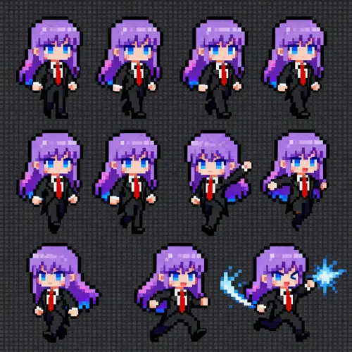 Blue Eyed Purple Hair Tuxedo Pixel Sprite Sheet