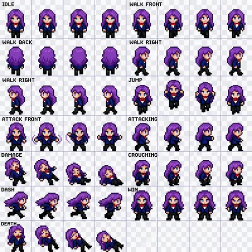 Blue Eyed Purple Hair Tuxedo Pixel Sprite Sheet