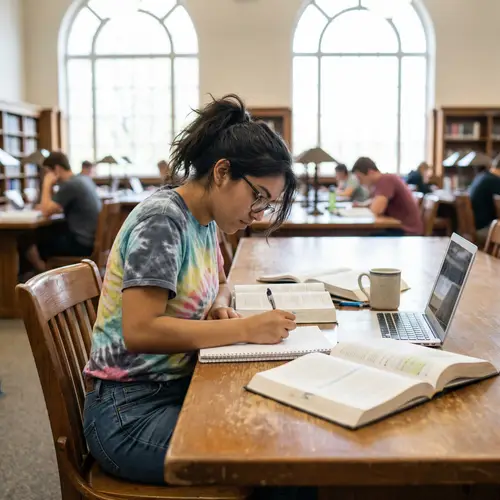 18-Year-Old Hispanic Student Studying in Library
