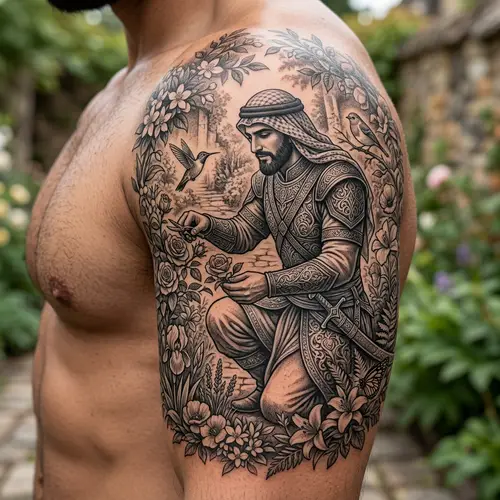 Warrior in the Garden Tattoo Design - Detailed and Realistic