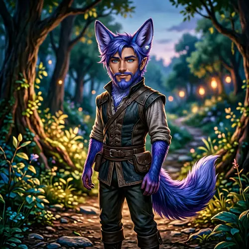 Male Fox Demi-Human with Blue and Purple Fur and Diamond Earring