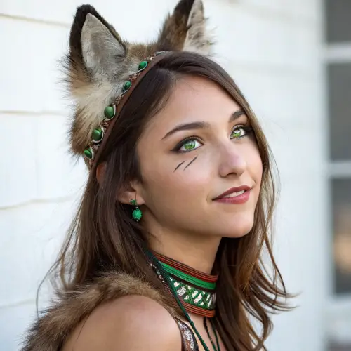 Stunning Young Woman with Wolf Ears & Green Eyes