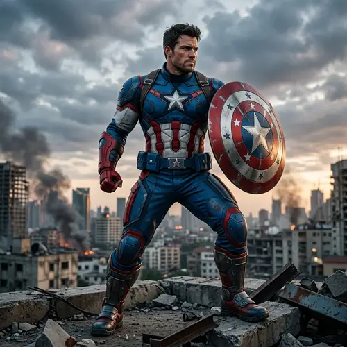 Muscular Caucasian Male Superhero with Shield in Red, White, Blue Suit