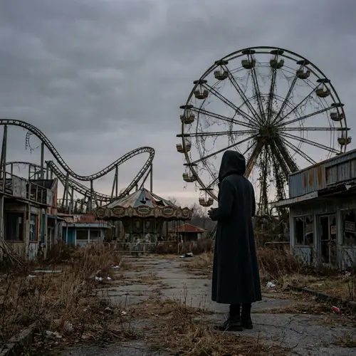Mysterious Figure in Abandoned Amusement Park