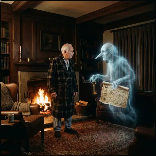 Elderly Man by Fireplace | Mysterious Specter with Golden Key & Map