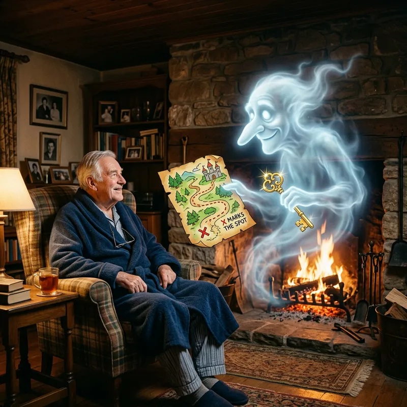 Elderly Man by Fireplace with Ghost, Key and Map