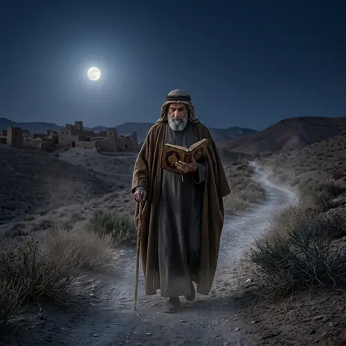 Enlightening Night: Historic Figure on Moonlit Path