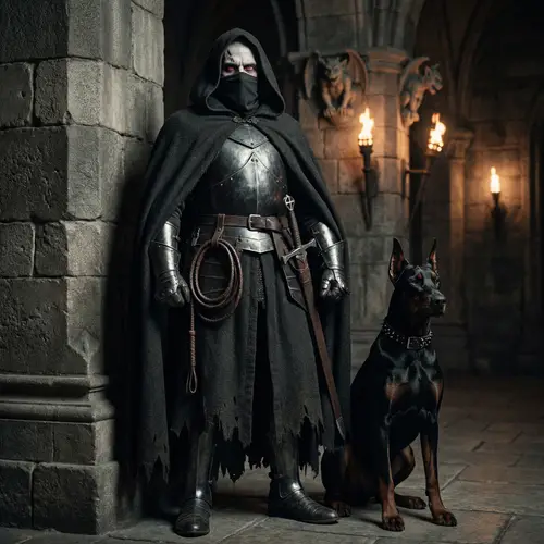 Dark Gothic Male Warrior with Red Eyes and Black Armor