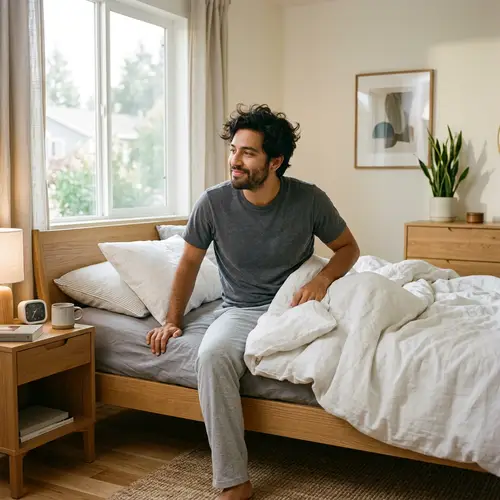 Charming Morning Scene of a Young Hispanic Man in Modern Bedroom