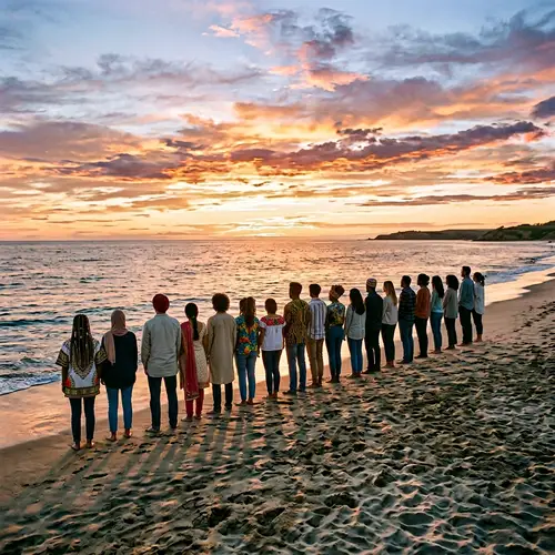 Diverse Group Admiring Sea at Sunset | Tranquil Scene