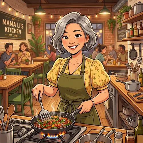 Happy Asian Woman Cooking in a Restaurant