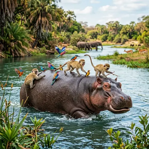 Playful Hippopotamus with Babies in River Scene