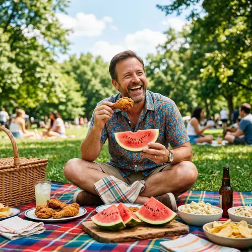 Joyful Outdoor Picnic: Fried Chicken & Watermelon