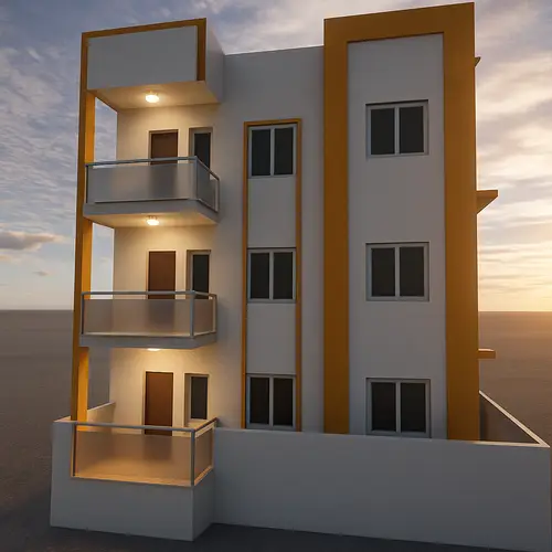 Realistic Facade Design with Illuminated Terraces