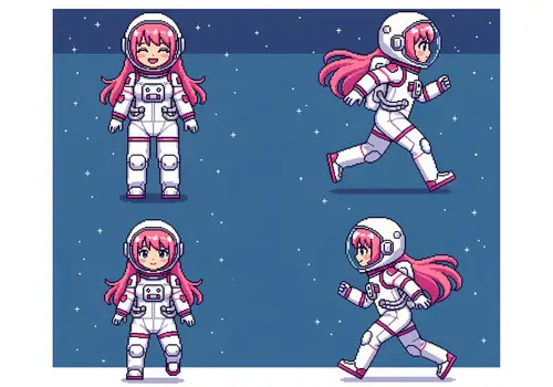 Pixel Art of a Pink-Haired Girl in Space Suit