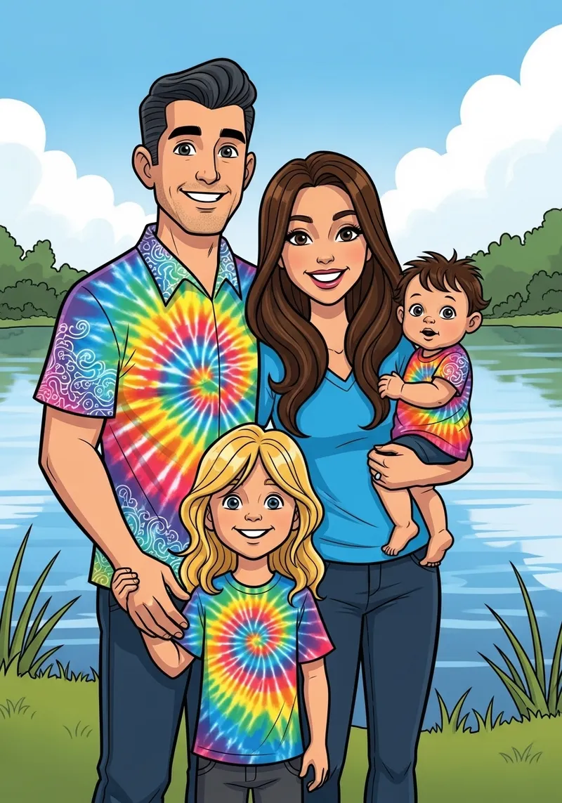 Cartoon Family by the Lake – Tie Dye Fun