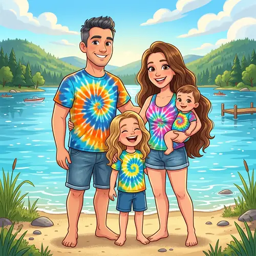 Cartoon Family by the Lake – Tie Dye Fun