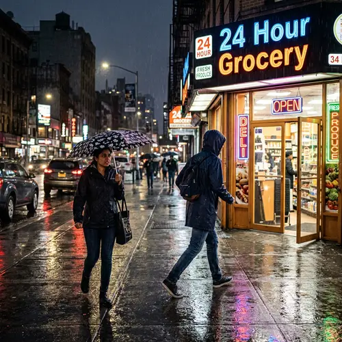 Nighttime Cityscape: 24 Hour Grocery Store in Rain with Diverse Shoppers