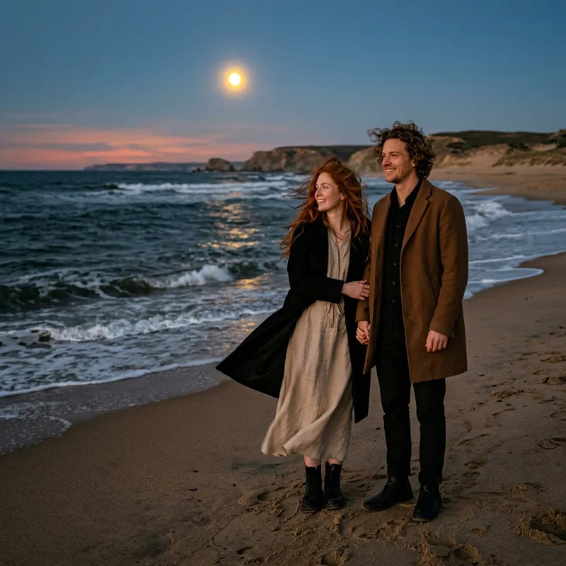 Romantic Beach Scene with Woman and Man at Dusk