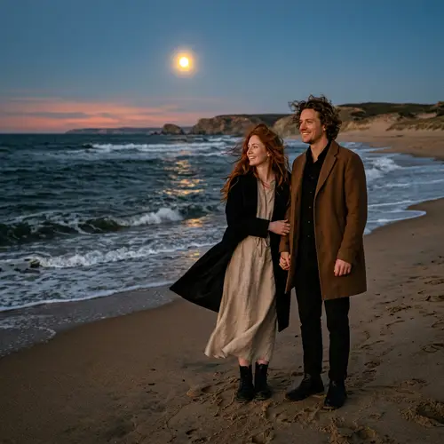 Evening Beach Scene with Woman and Man Under Yellow Moon