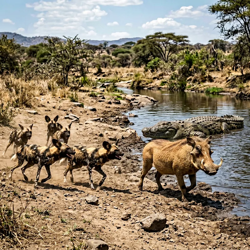 Dramatic African Scene: Warthog Surrounded by Wild Dogs and Crocodile
