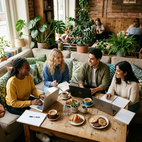 Cozy Café Collaboration: Diverse Young Adults at Work