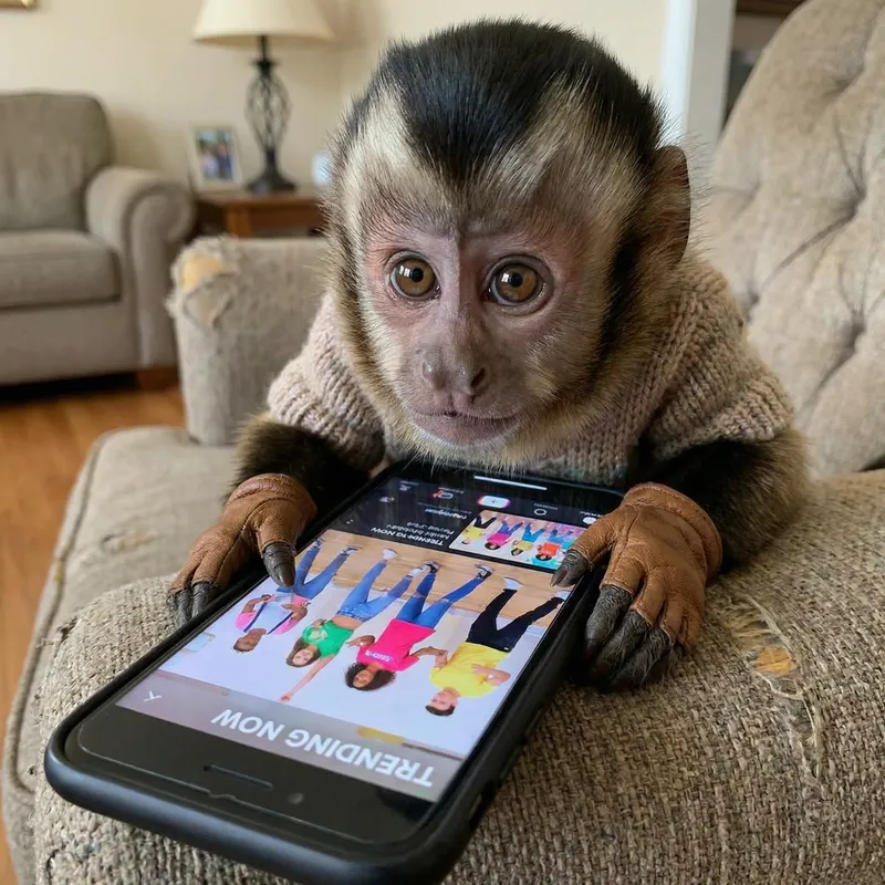 Curious Monkey Engrossed in Smartphone Video