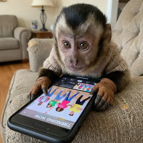 Curious Monkey Engrossed in Smartphone Video